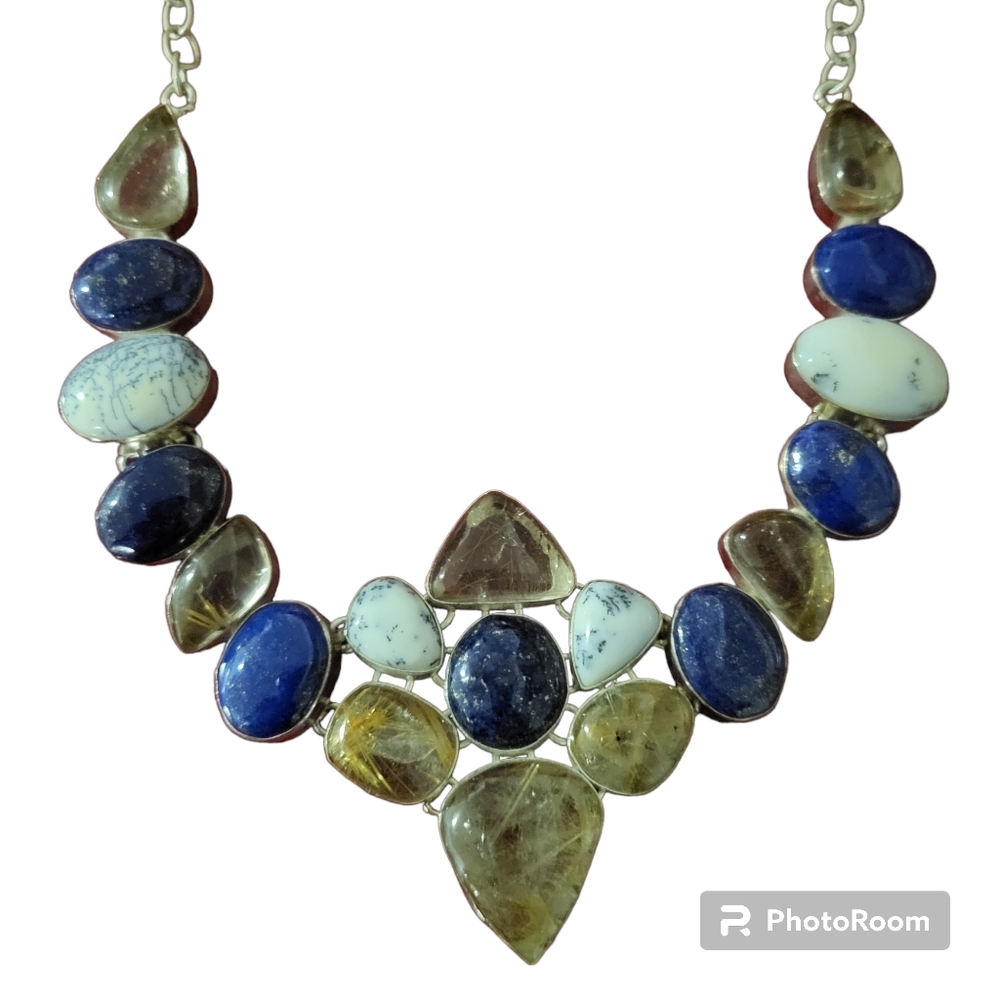 Silver plated blue lapis lazuli, dendritic agate and quartz stone neckla…